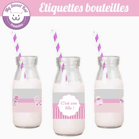 Baby shower 'rose' - Etiquettes bouteilles